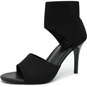 Black 3 Inches Peep Toe Synthetic Stiletto Stretchy Heeled Sandals for Women